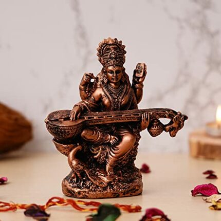 Webelkart Premium Saraswati Playing Veena Polyresin Showpiece for Home and Office Decor-Goddess Saraswati Showpiece| Saraswati Idol Statue Murti for Home (7 x 6 x 2.5 Inches)