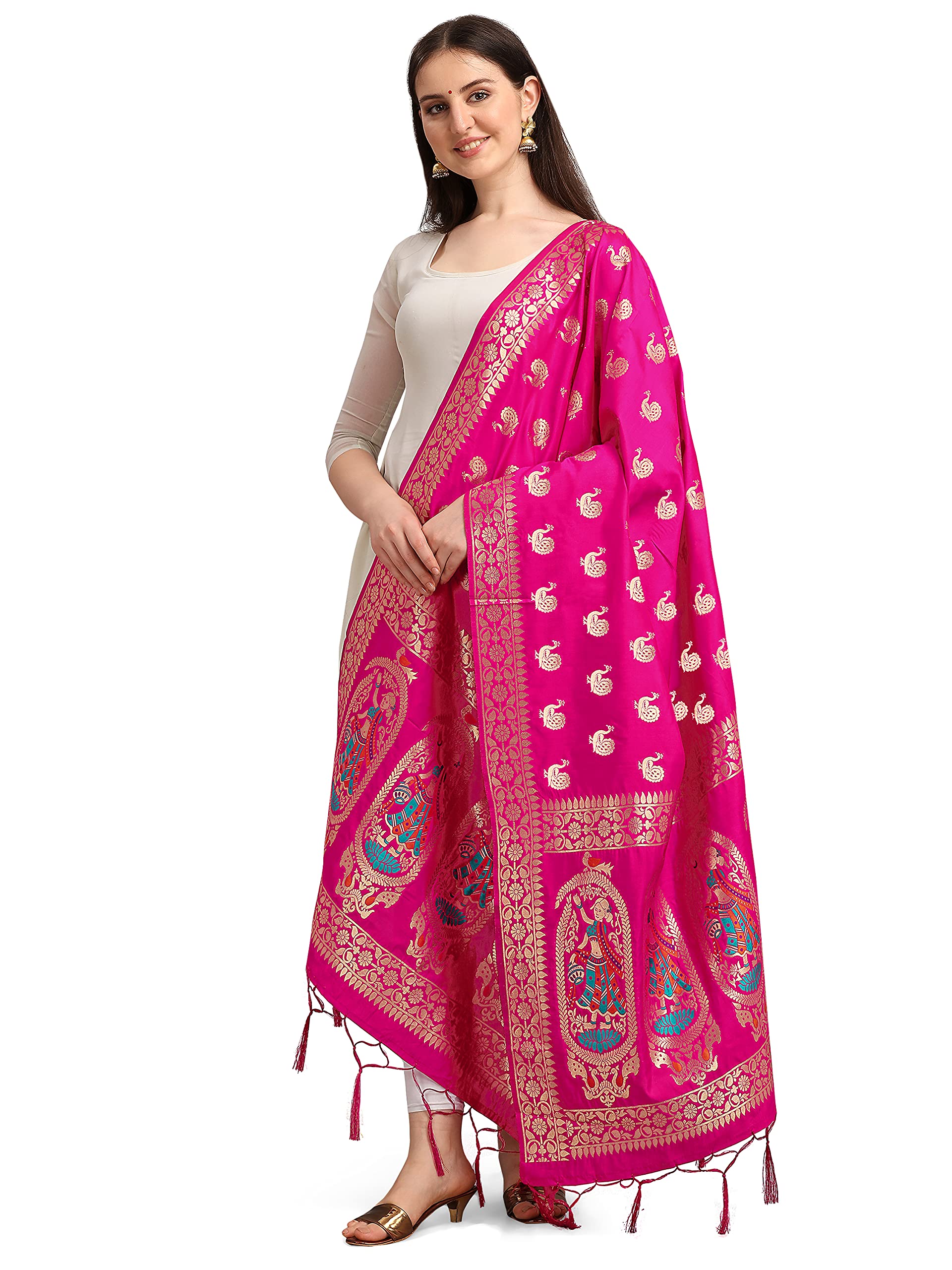 Version 1.0.0 DEVANGI Women's Woven Banarasi Silk Zari Dupatta/Chunni, Width 1 Meter, Length 2.5 Meter - Image 1