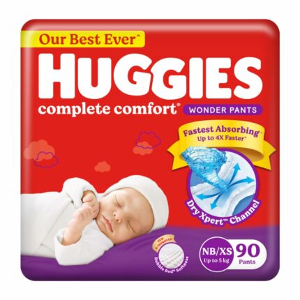 Huggies Complete Comfort Wonder Pants | Pant Style Baby Diapers Newborn / XS Size, 90 pcs | India's Fastest Absorbing Diaper, Patented Dry Xpert Channel, Ideal for 0-5 Kgs, 1 count