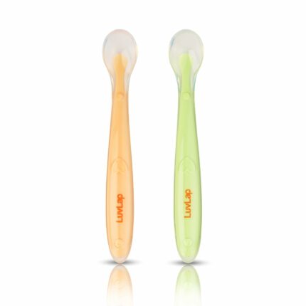 LuvLap Baby Feeding Spoon Set Of 2 With Ultra Supple 100% Silicone Tip,Bpa Free Material With Food Grade Silicone Tip,Self Feeding Utensil,Baby Weaning Spoon For Kids 4 Months+(Green&Pink),16 Cm
