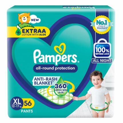 Pampers All Round Protection Pants Style Baby Diapers, Extra Large size (XL) 56 Count, 12-17kg, Anti-rash blanket, 360 degree Lotion with Aloe Vera