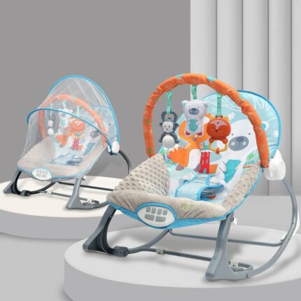 INFANTSO Baby Rocker & Bouncer for 0 to 2 Years (Blue), Portable Rocker for Newborn with Mosquito Net, Calming Vibrations, Soft Music & Hanging Toys
