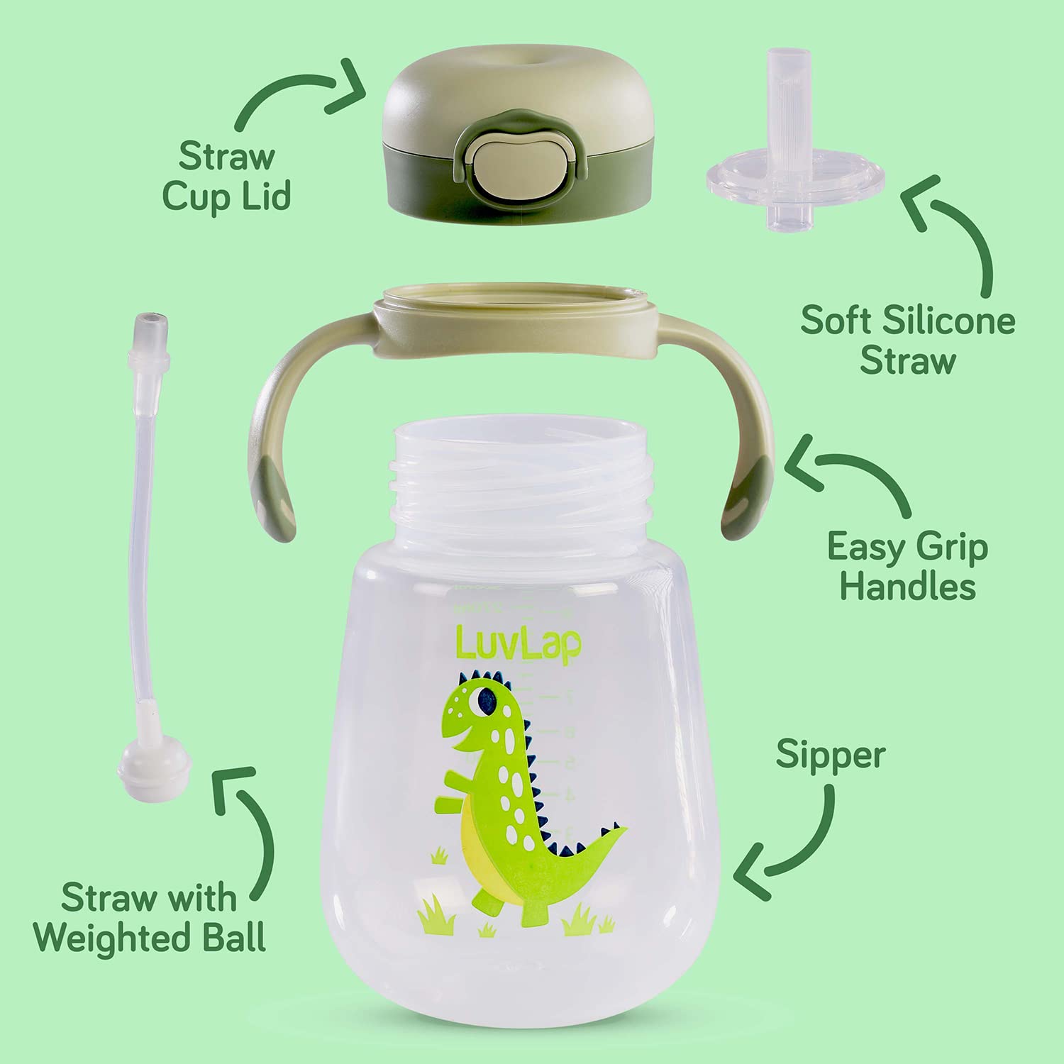 Version 1.0.0 LuvLap Baby Bite Resistant Soft Silicone Straw Sipper Cup with Handle, with Weighted Straw, Sippy Cup with Anti Spill Lock, BPA Free, 6m+, 300 ml, Green - Image 3
