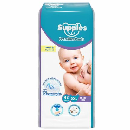 Amazon Brand - Supples Premium Baby Diaper Pants | 42 Baby Diapers | XXL | 15-25 Kg | 12 Hrs Absorption | Cushiony Cotton Soft Fabric | Phthalates-Free | Triple Leak Guard