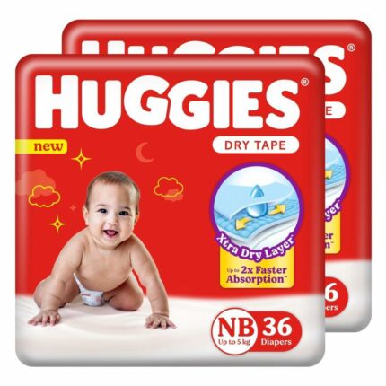 Huggies Dry Tape | Adjustable Tape Style Diapers, Newborn (NB) Size (0-5 Kgs), Combo pack of 72 | Up To 2X Faster Absorption, Up To 12 Hours Overnight Absorption