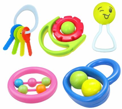 Babify BPA-Free Non Toxic Colorful Plastic 4 Shake & Grab Rattles & 1 Soothing Key Teether for Babies & Infants, Early Age Toys for New Borns (Set of 5, Multicolor)