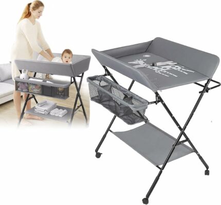 Clefairy Baby Nursing Table ? Diaper Table, Folding Portable Diaper Changing Tables, Removable Newborn Bath Massage Table with Wheels, Drying Rack & Storage Basket