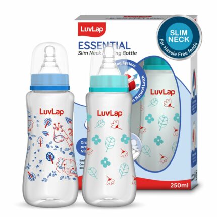LuvLap Anti-Colic Slim/Regular Neck Essential Baby Feeding Bottle, 250ml (Pack of 2), New Born/Infants/Toddler Upto 3 Years, Jungle Tales & Wild Flowers, BPA Free,Blue