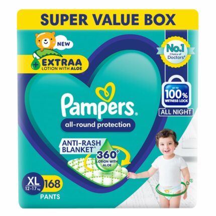 Pampers All Round Protection Pants Style Baby Diapers, Extra Large size (XL), 168 Count, 12-17kg, Anti-rash blanket, 360 degree Lotion with Aloe Vera