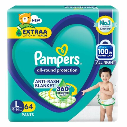 Pampers All Round Protection Pants Style Baby Diapers, Large size (L), 64 Count, 9-14kg, Anti-rash blanket, 360 degree Lotion with Aloe Vera