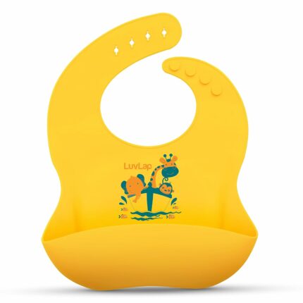 LuvLap Silicone Baby Bib for Feeding & Weaning Babies & Toddlers, Waterproof, Washable & Reusable, Non Messy Easy Cleaning, No Bad Odour, Adjustable Neckline with Buttons (Yellow)