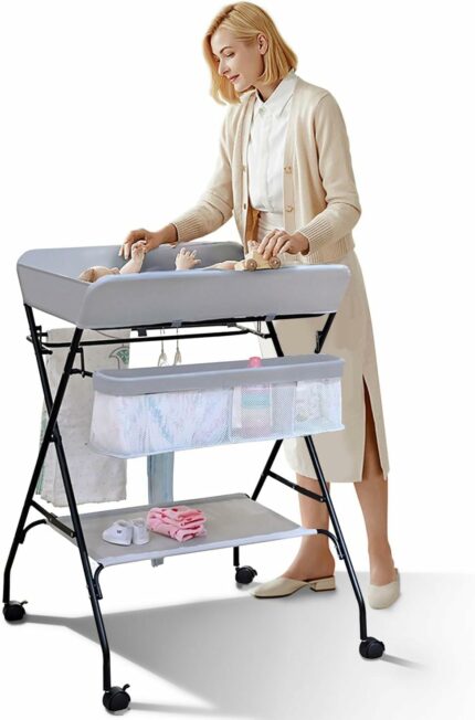 Suicune Baby Changing Table Portable Folding Diaper Changing Station with Wheels, Adjustable Height Mobile Nursery Organizer with Safety Belt and Large Storage Racks for Newborn Baby and Infant