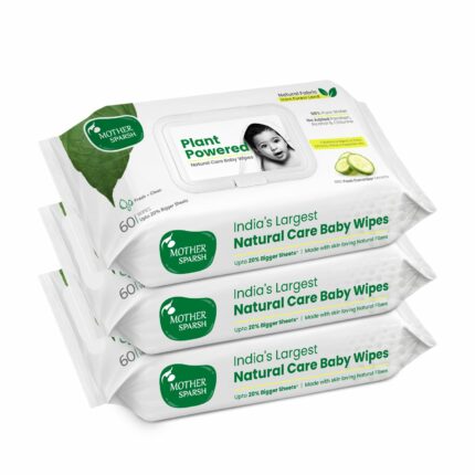 Mother Sparsh Natural Care Baby Wet Wipes with Lid | 100% Plant Made Fabric From Forest Land | Fresh+Cleanse (with Cucumber) Plant Powered Wet Wipes For Baby I Cotton Cloth Like Bigger Sheets | 60 Pcs (Pack of 3)