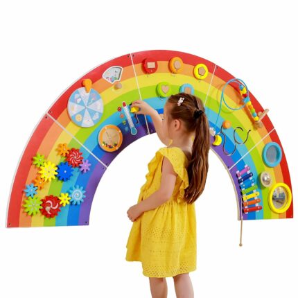 LUXURY ARTS - Rainbow Montessori Activity Wall Panel | Wooden Sensory Playboard for Kids | Bead Maze, Gears, Xylophone | Preschool D?cor (1-6 Years)
