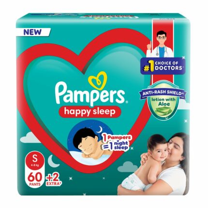 Pampers Happy Sleep Pant Style Baby Diapers, Small (S), 62 Count, 1 Pampers = 1 Night Sleep, with Anti Rash Shield, 4-8 Kg Diapers