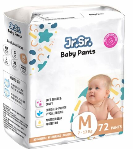 Jr. Sr. Baby Diaper Pants with Advanced Leak Protection | Soft & Comfortable| Medium | 7-12 Kg | 72 Counts | Pack of 1