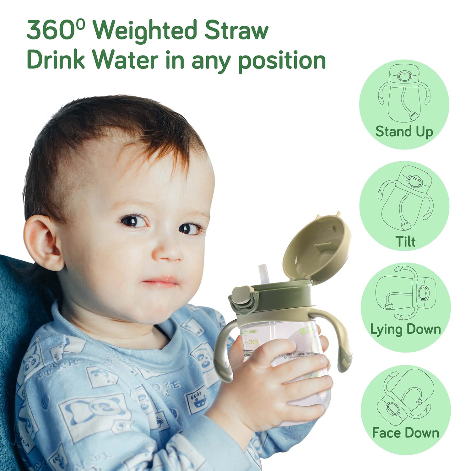 Version 1.0.0 LuvLap Baby Bite Resistant Soft Silicone Straw Sipper Cup with Handle, with Weighted Straw, Sippy Cup with Anti Spill Lock, BPA Free, 6m+, 300 ml, Green - Image 4