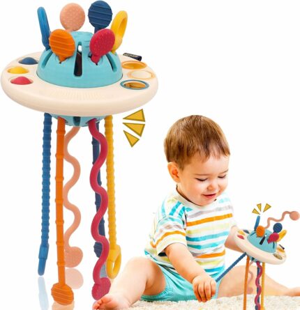 Kidology Pull String Teething Toy for Babies 6+ Months | Sensory Teether & Fine Motor Skills Activity | Montessori Toys for Baby Girls & Boys | Travel-Friendly, Food-Grade Silicone for Toddlers | UFO
