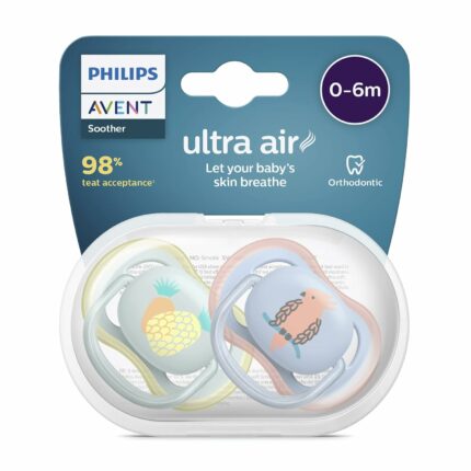 Philips Avent Ultra Air Soother - 2 x Light, Breathable Baby Soothers for Babies Aged 0?6 Months, BPA-Free with Steriliser Carry Case (SCF085/59)