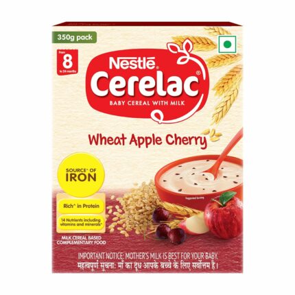CERELAC Baby Cereal with Milk, Wheat Apple Cherry, Stage 2, From 8 to 24 Months, Source of Iron & Protein ,Bag-In-Box Pack 350g