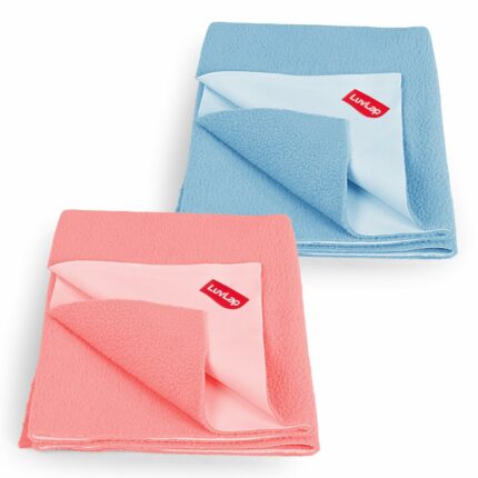 LuvLap Instadry Anti-Piling Fleece Extra Absorbent Quick Dry Sheet for baby, Baby Bed Protector, Waterproof baby sheet, Small size 50x70cm, Pack of 2, Sky Blue & Salmon Rose