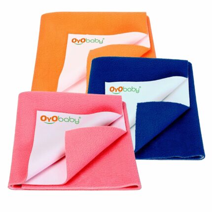 OYO BABY baby dry sheet is made of best waterproof material and highly absorbent fibre. Provides freedom to enjoy uninterrupted sleep for longer periods. It is with quick dry technology that dries faster. Feel the diaper free night and rush-free skin, cosy, smooth and silky feeling. This waterproof mattress protector has cosy, soft and smooth top surface for baby to have sound sleep all night with maximum protection. OYO BABY quick dry bed protector sheet Moreover, it is skin friendly and heat-free soft and unique multi-layer noiseless fabric sheet. It is an alternative to PVC rubber mats. Highly hygienic and breathable water proof sheet which is durable, reusable economical and light weight. This amazing baby bed protector sheet is ready to use anywhere you go. This baby dry sheet is delicate, spongy associated water-proof, on these lines creating the tangle usable for babies and grown-up. Made up natural colour dyes which are best for babies. Further, this perfect dry sheet for babies protects bed from obtaining wet. So, offer your baby the liberty to pee on the bed and let them sleep for extended hours. This sheet from OYO BABY is an absorbent & water proof. It stops the piss or any liquid from getting in your mattresses. It dries quickly so you don't have to be compelled to amendment the sheets once more & again. Conjointly it holds eight times water then its weight. Also, it is available in 4 different sizes - Small, Medium, Large & Extra Large. For example ? if you want dry sheet for baby for double bed then you don?t have to worry, we are having the best baby dry sheets here.