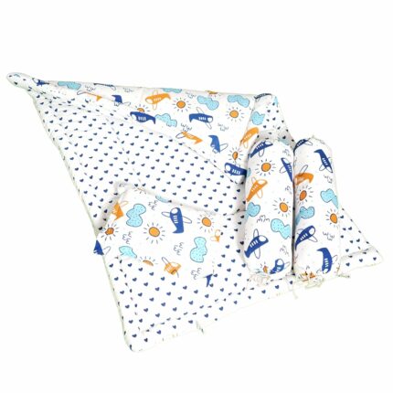 NWF 100% Cotton Baby Bedding Set ? Mattress, Sleeping Bag & Portable Bassinet (0-24 Months) | 4-Piece Pack, 26?x40?, Blue Plane & Cloud