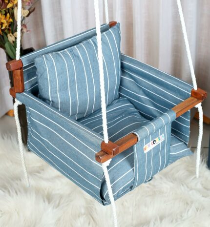 NEW COMERS? Cotton Swing for Kids, Jhula for Baby, Kids Swing Hanging Indoor Outdoor, Baby Garden Swing with Safety Belt & 2 Pillows (6 Months to 4 Years) (Up to 20 kg)-Blue-White (TC 150/300) 901